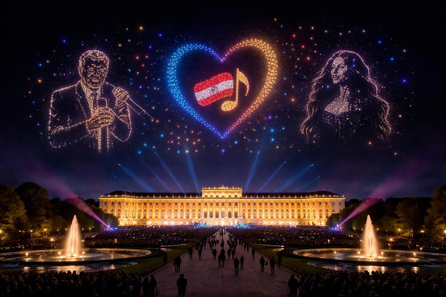 Redaktionelle Szene zum Thema „3.000 Drohnen erleuchten Schloss Schönbrunn als ESC-Warm-up“