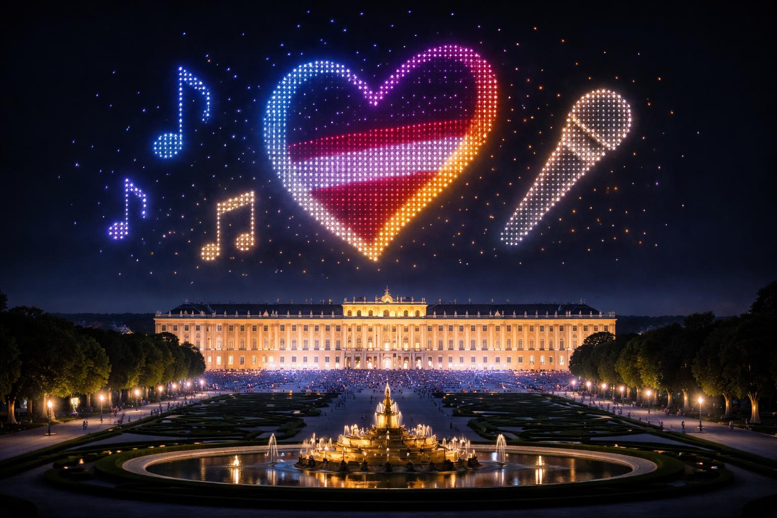 Redaktionelle Szene zum Thema „3.000 Drohnen erleuchten Schloss Schönbrunn zum Auftakt des Song Contest“