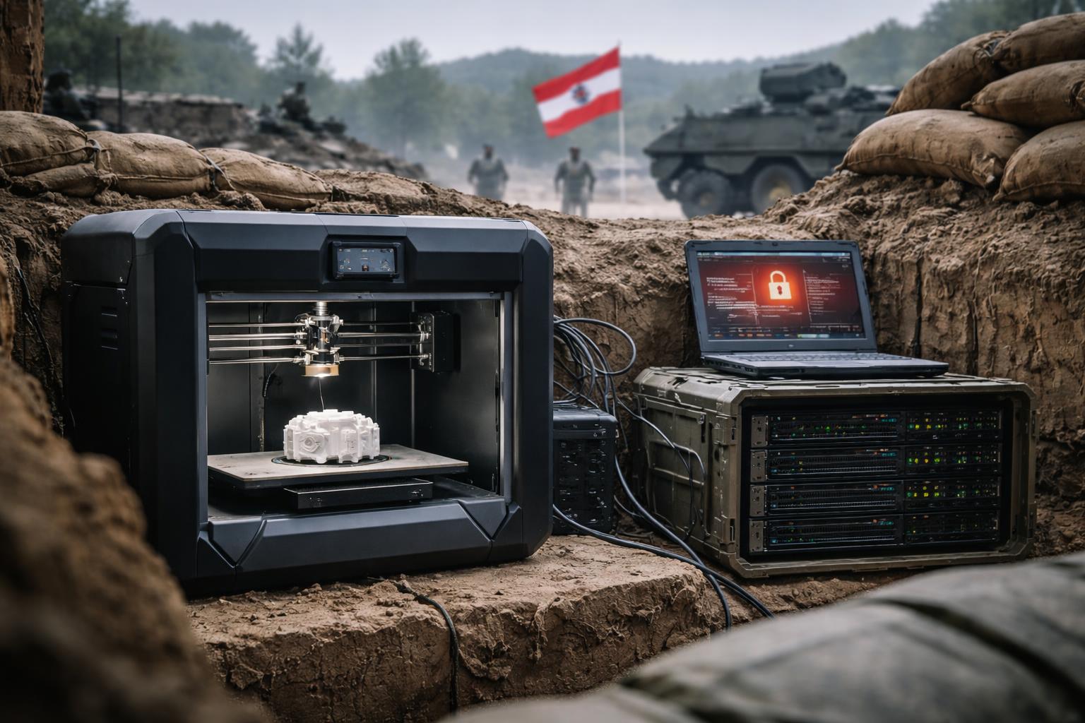 Redaktionelle Szene zum Thema „3D-Drucker im Schützengraben: Warum Sicherheit für den Wirtschaftsstandort drängender wird“