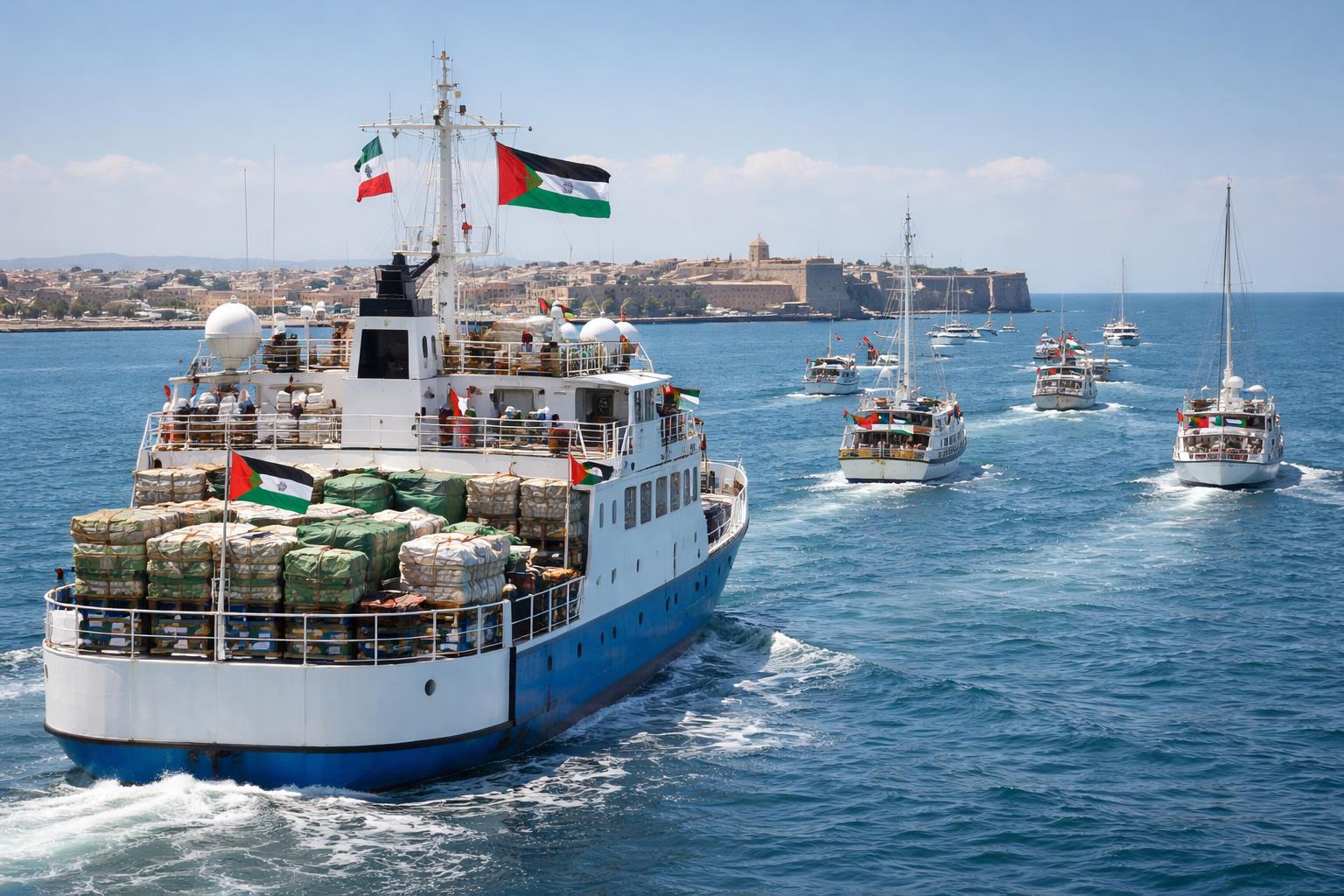 Redaktionelle Szene zum Thema „56 Schiffe der Gaza-Hilfsflotte von Sizilien aus gestartet“