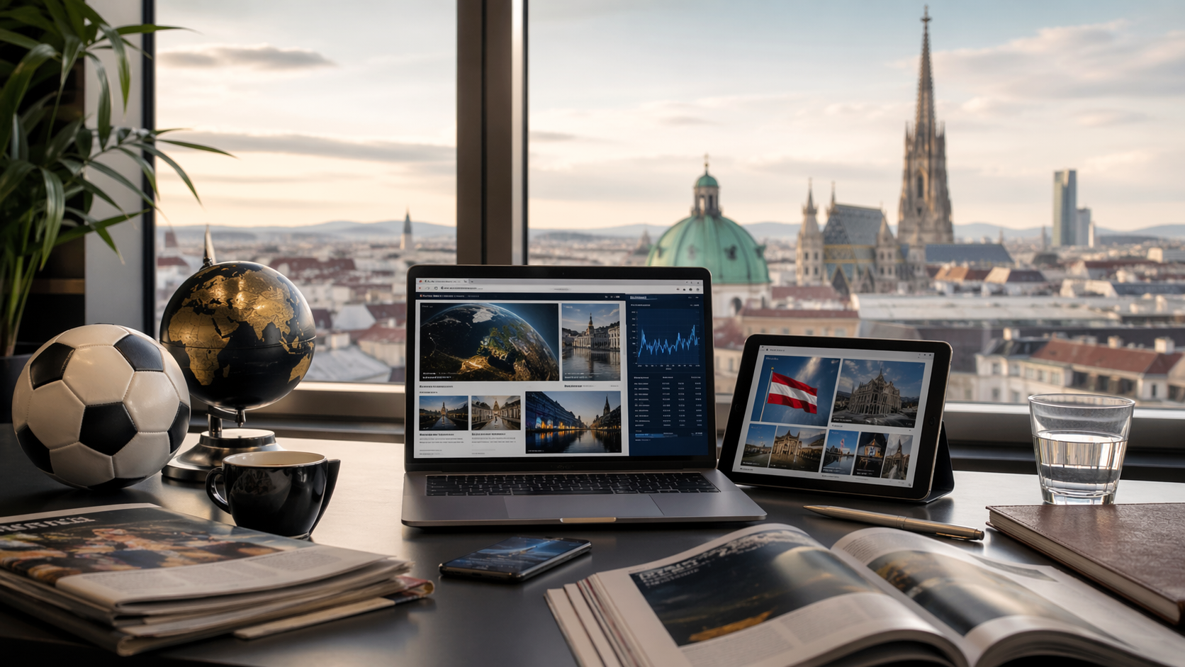 Moderner Nachrichten-Arbeitsplatz mit digitalen Geräten, Österreich-Bezug und internationalen Themen als Symbol für aktuelle Nachrichten aus Österreich und der Welt