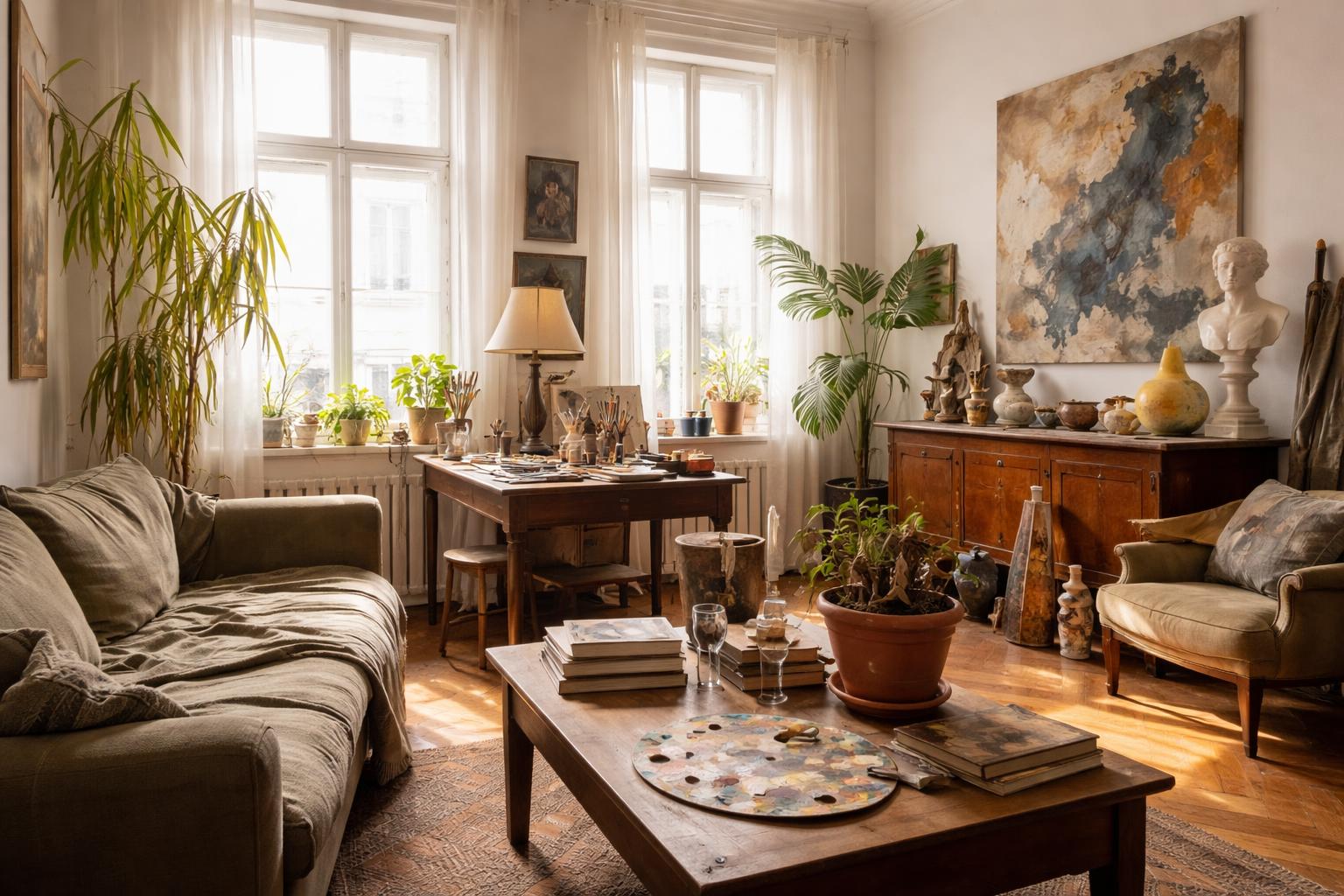 Redaktionelle Szene zum Thema „Andreas Pasqualini lebt mit Kunst, Flohmarktfunden und kränkelnden Pflanzen in Wien“