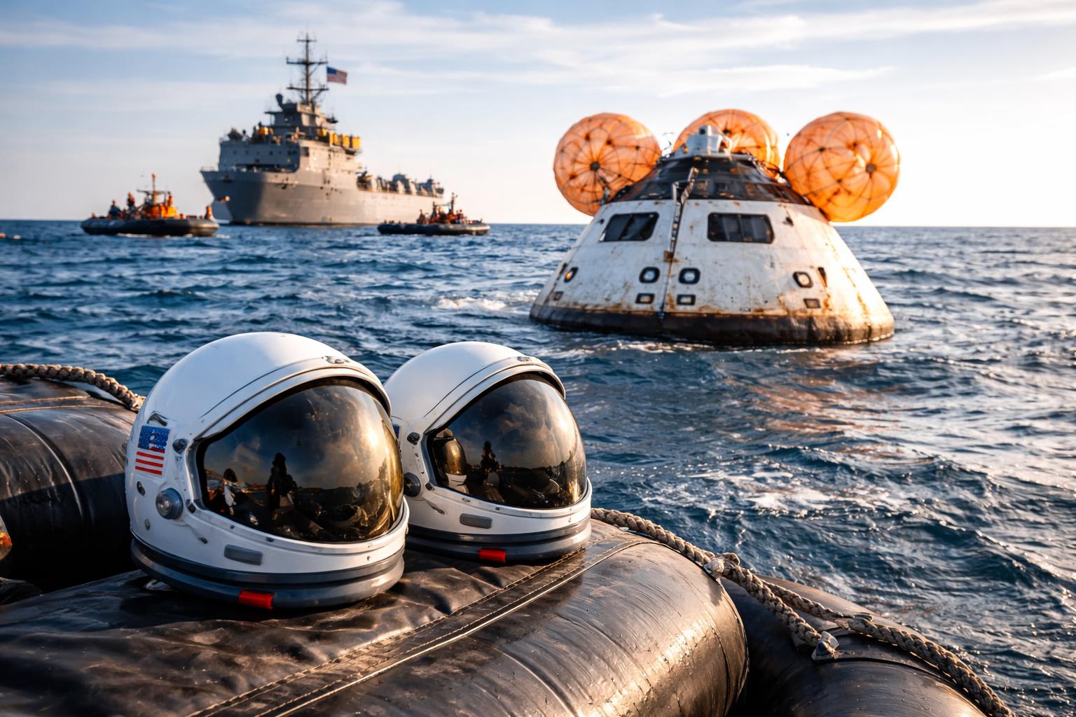 Redaktionelle Szene zum Thema „Artemis-2-Crew landet als „beste Freunde“ nach Mondflug zurück auf der Erde“