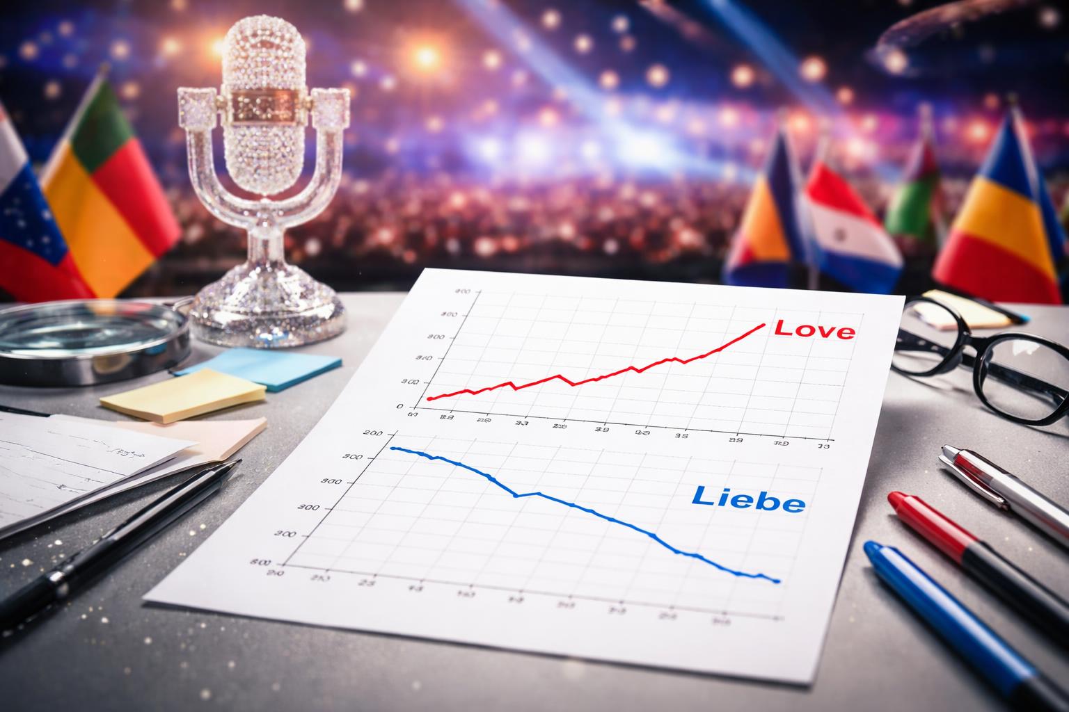 Redaktionelle Szene zum Thema „Beim Song Contest dominiert „Love“ weiterhin, „Liebe“ verliert an Gewicht“