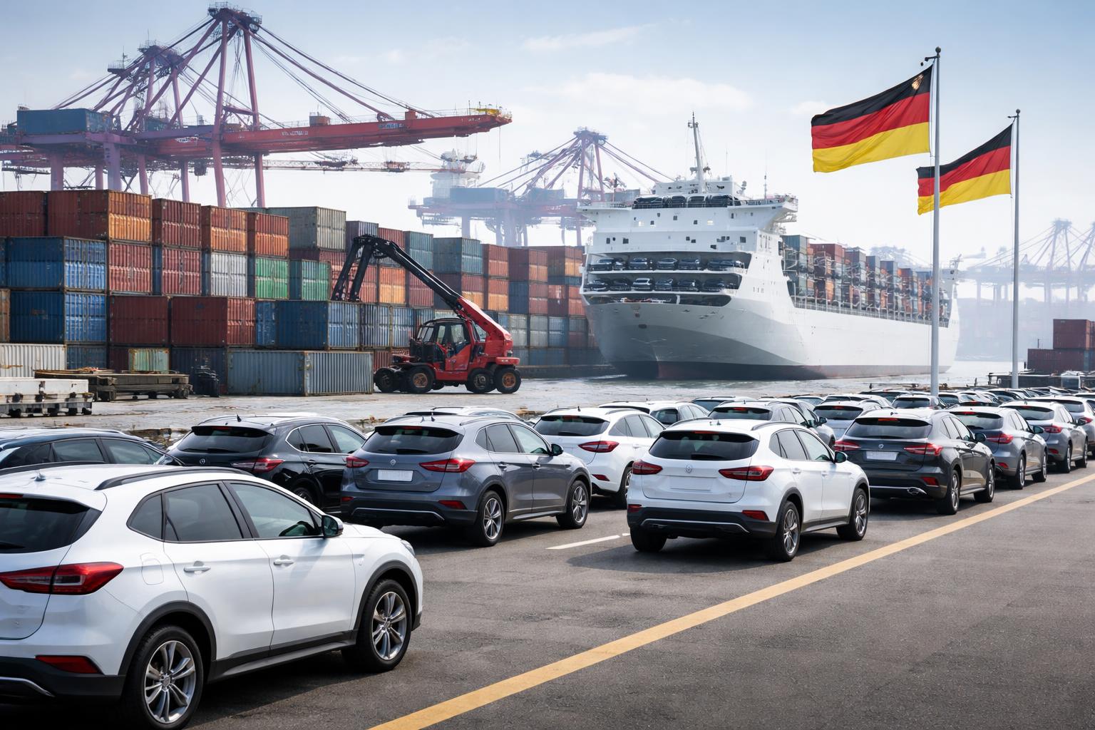 Redaktionelle Szene zum Thema „Fahrzeuge bleiben wichtigstes deutsches Exportgut trotz Rückgangs“