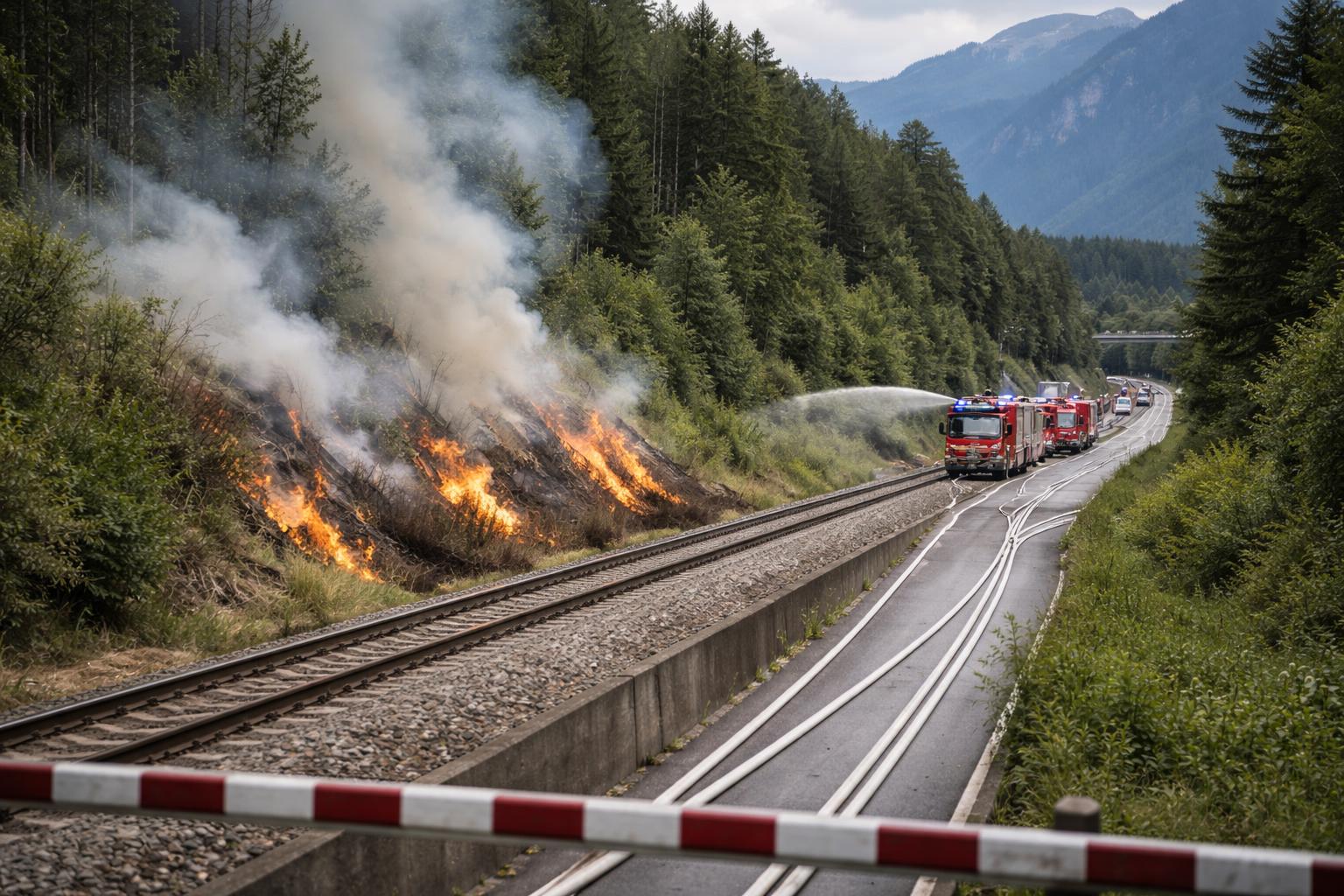 Redaktionelle Szene zum Thema „Feuer an Gleisböschung in Seefeld legt Bahnstrecke und B177 zeitweise lahm“