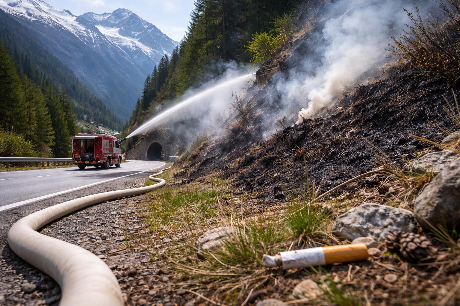 Redaktionelle Szene zum Thema „Feuerwehr löscht Böschungsbrand in Sölden“