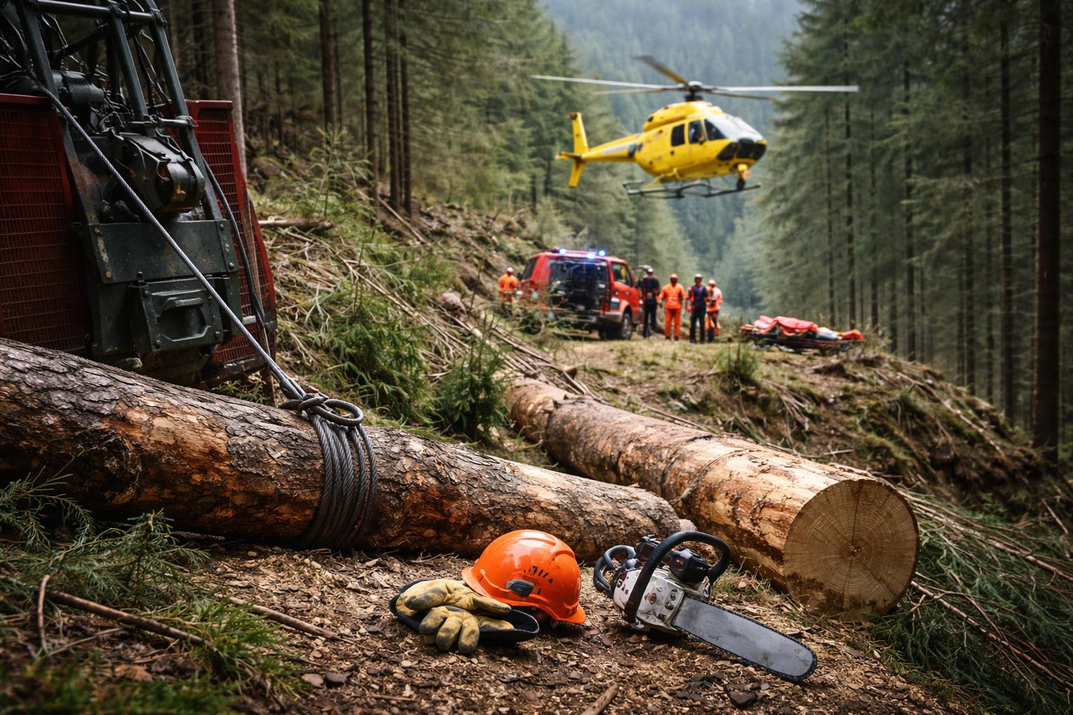 Redaktionelle Szene zum Thema „Forstarbeiter bei Unfall in unwegsamem Gelände schwer verletzt“