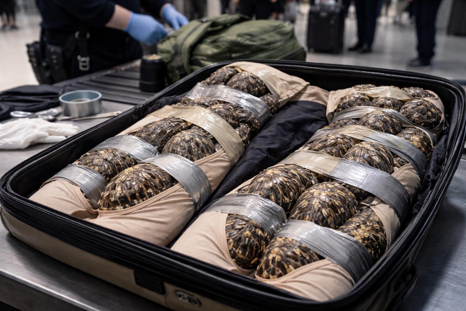 Redaktionelle Szene zum Thema „Frau mit 30 Schildkröten am Körper am Flughafen Bangkok festgenommen“
