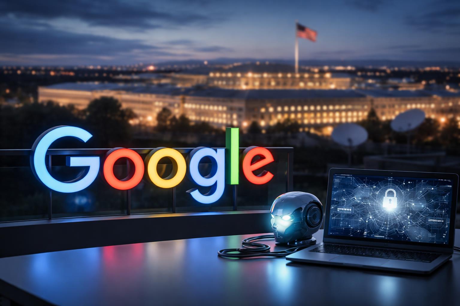 Redaktionelle Szene zum Thema „Google vereinbart KI-Einsatz mit dem US-Verteidigungsministerium“