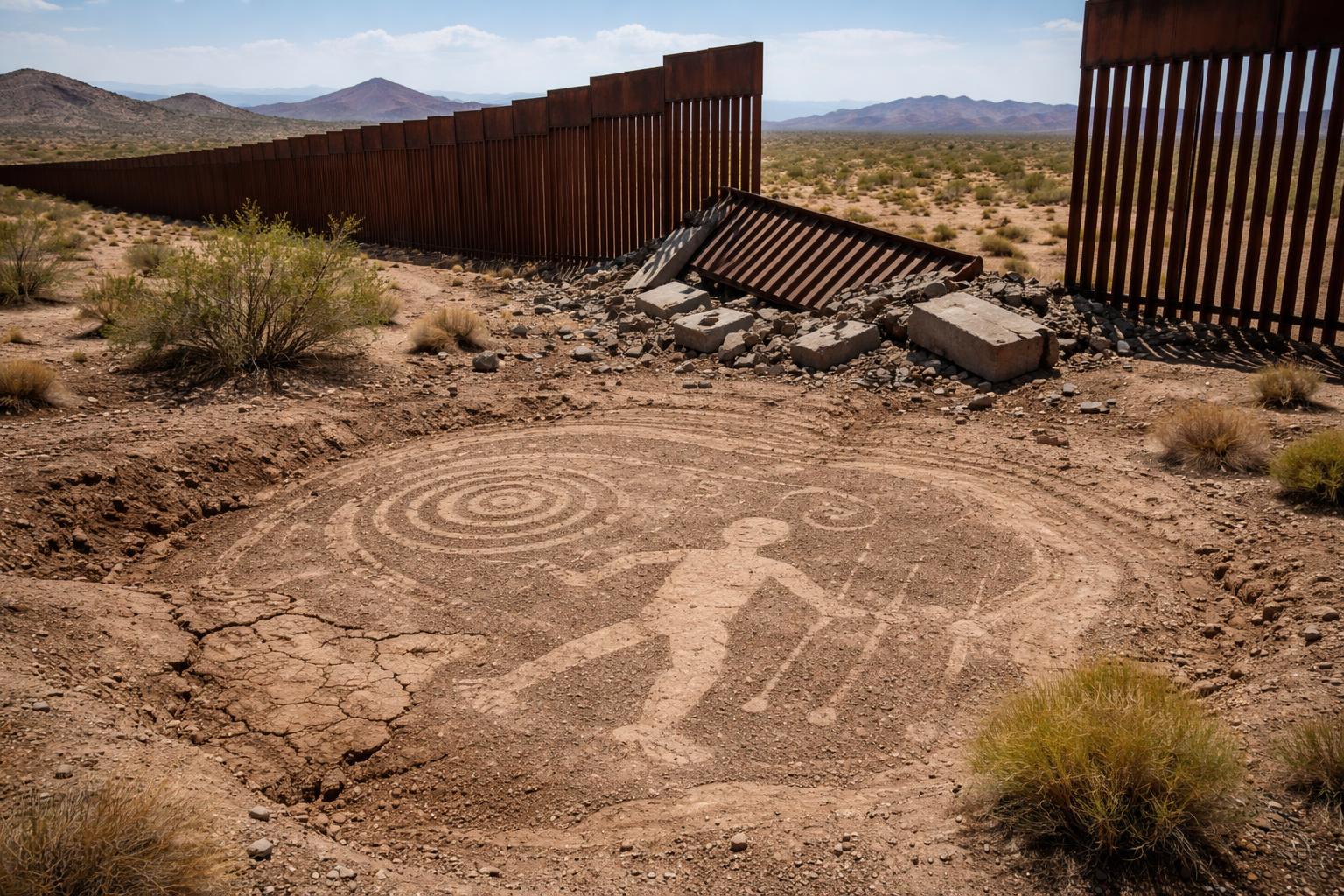 Redaktionelle Szene zum Thema „Grenzmauer in Arizona beschädigt jahrtausendealtes Kulturerbe“