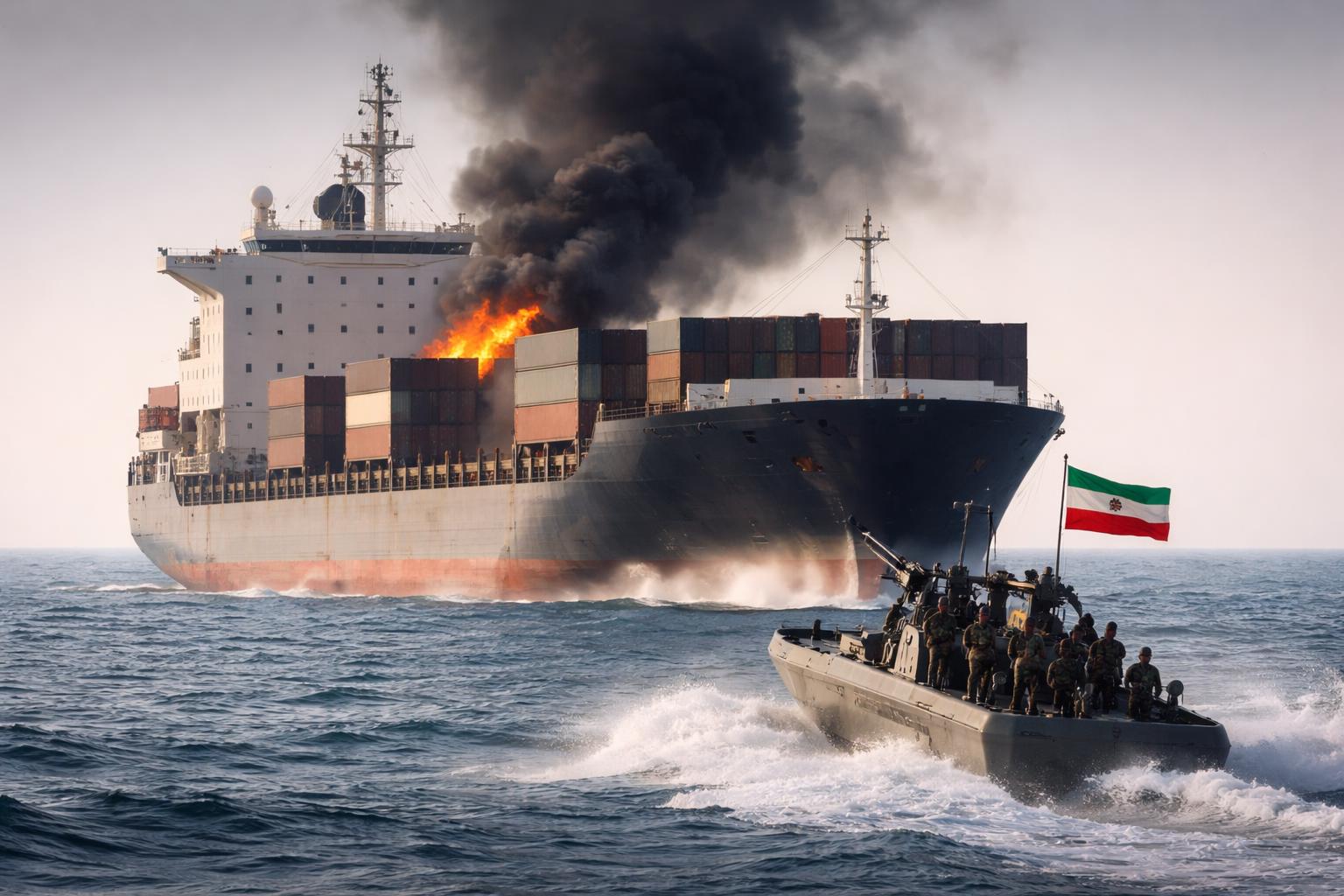 Redaktionelle Szene zum Thema „Iran greift Frachtschiffe in der Straße von Hormuz an“