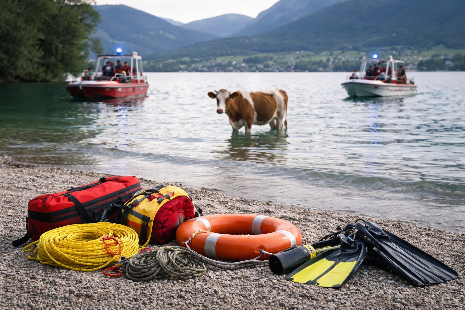 Redaktionelle Szene zum Thema „Jungkuh läuft in den Mondsee – Einsatzkräfte retten Tier unverletzt“