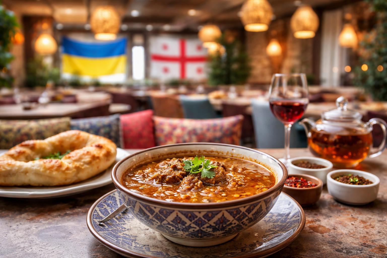 Redaktionelle Szene zum Thema „Kaukasisch-ukrainisches Großlokal am Schottentor mit bemerkenswerter Suppe“