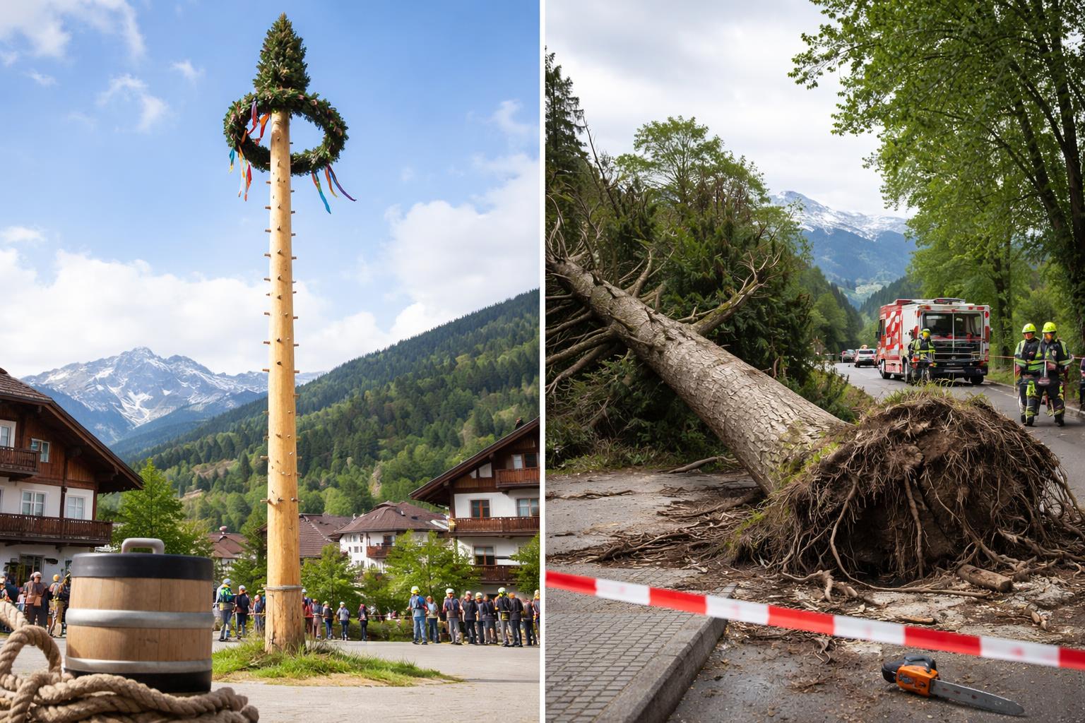 Redaktionelle Szene zum Thema „Maibaum-Kraxeln im Lungau und umgekippter Baum in Bergheim“