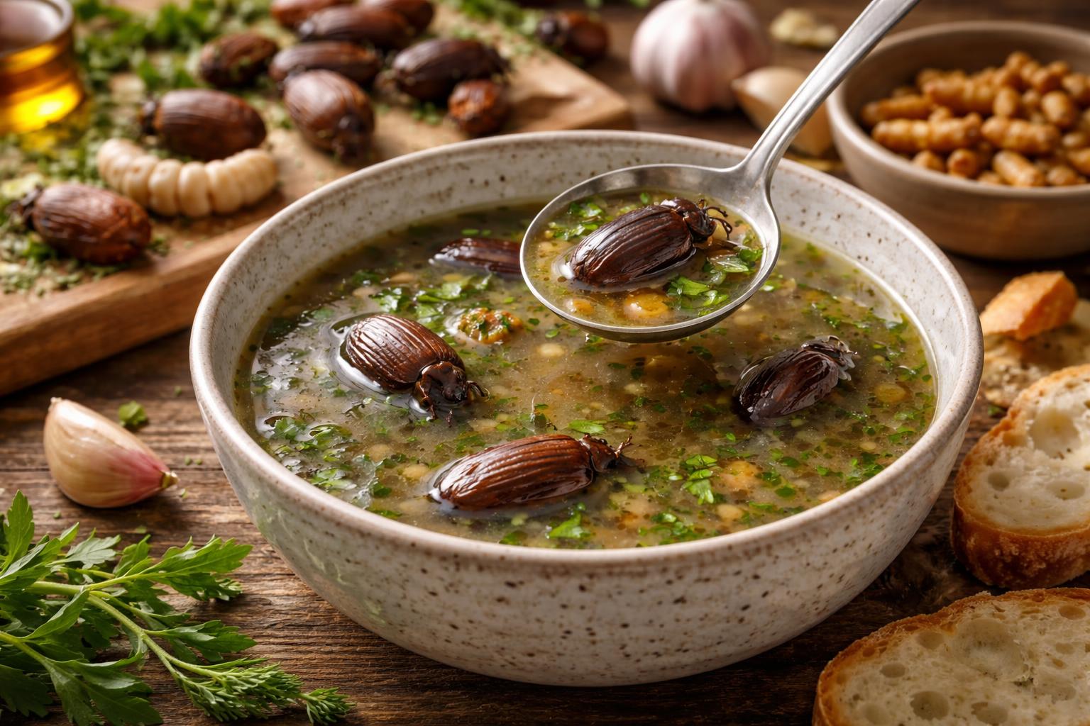 Redaktionelle Szene zum Thema „Maikäfersuppe im Geschmackstest: Wie die einzige überlieferte mitteleuropäische Insektenspeise schmeckt“