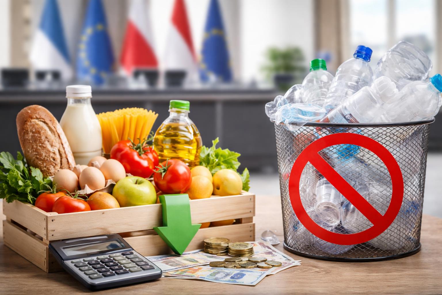 Redaktionelle Szene zum Thema „Mehrwertsteuer auf Grundnahrungsmittel wird gesenkt – keine Plastikabgabe“