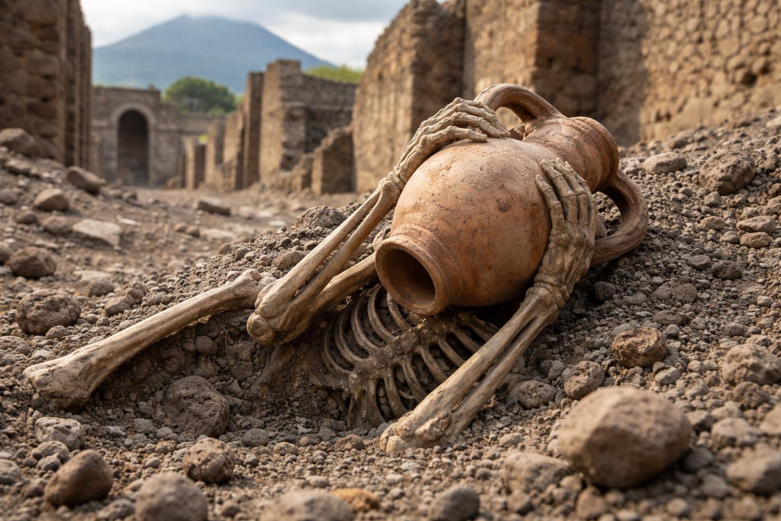 Redaktionelle Szene zum Thema „Pompeji-Fund zeigt Versuch, sich mit Gefäß vor Steinhagel zu schützen“