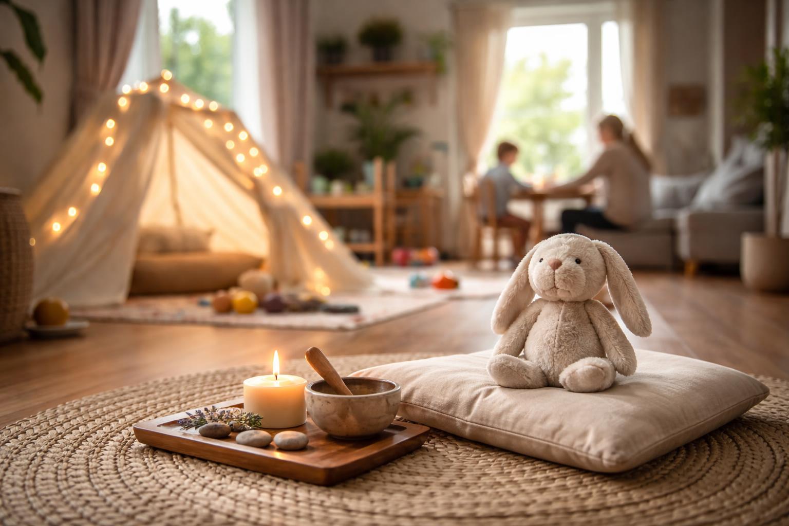 Redaktionelle Szene zum Thema „Ruhe finden im Familienalltag: Wie Achtsamkeit mit Kindern alltagstauglich wird“