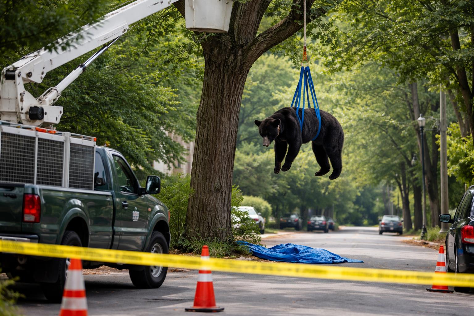 Redaktionelle Szene zum Thema „Schwarzbär auf Baum in Albany von Wildhütern betäubt und gerettet“