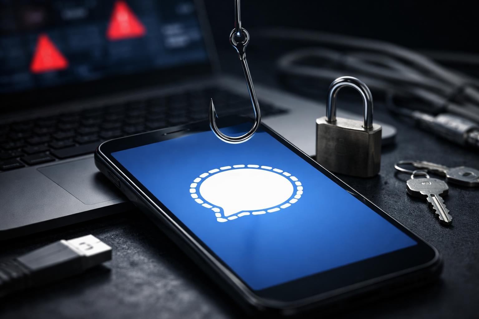 Redaktionelle Szene zum Thema „Signal kündigt zusätzliche Schutzmaßnahmen nach Phishing-Angriffen an“