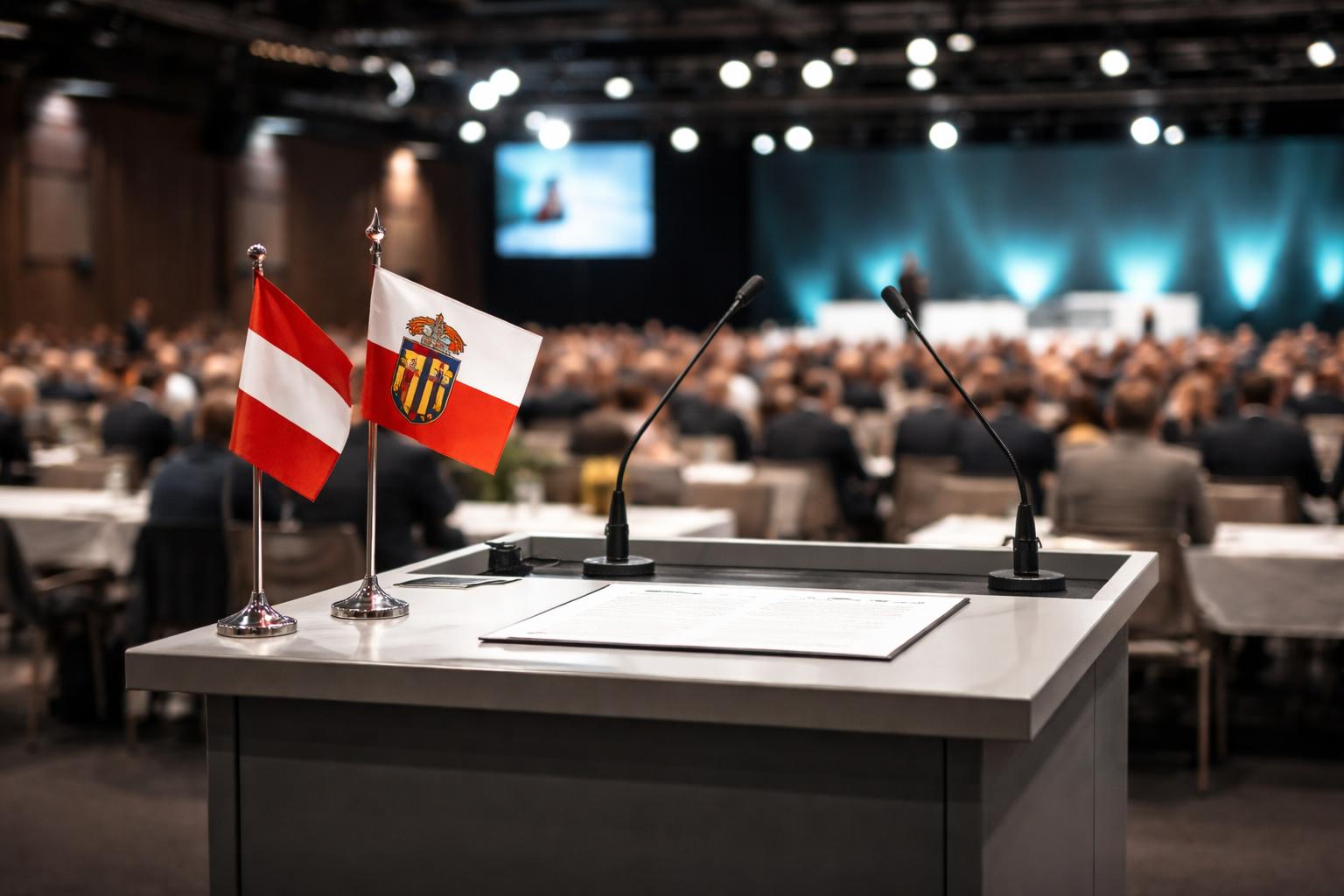Redaktionelle Szene zum Thema „Stelzer als ÖVP-Chef in Oberösterreich bestätigt – Wöginger beim Parteitag abwesend“