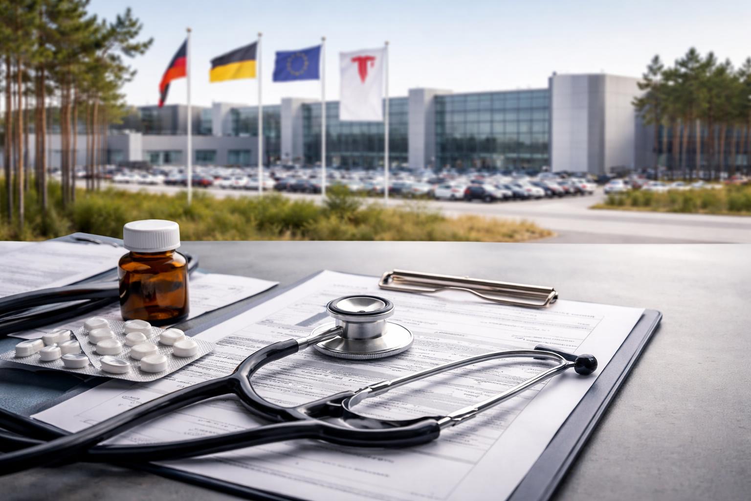 Redaktionelle Szene zum Thema „Tesla meldet deutlich niedrigeren Krankenstand in Grünheide“