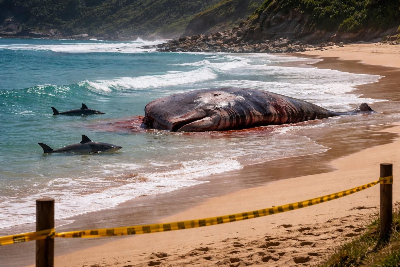 Redaktionelle Szene zum Thema „Toter Pottwal lockt Haie an australischen Strand“