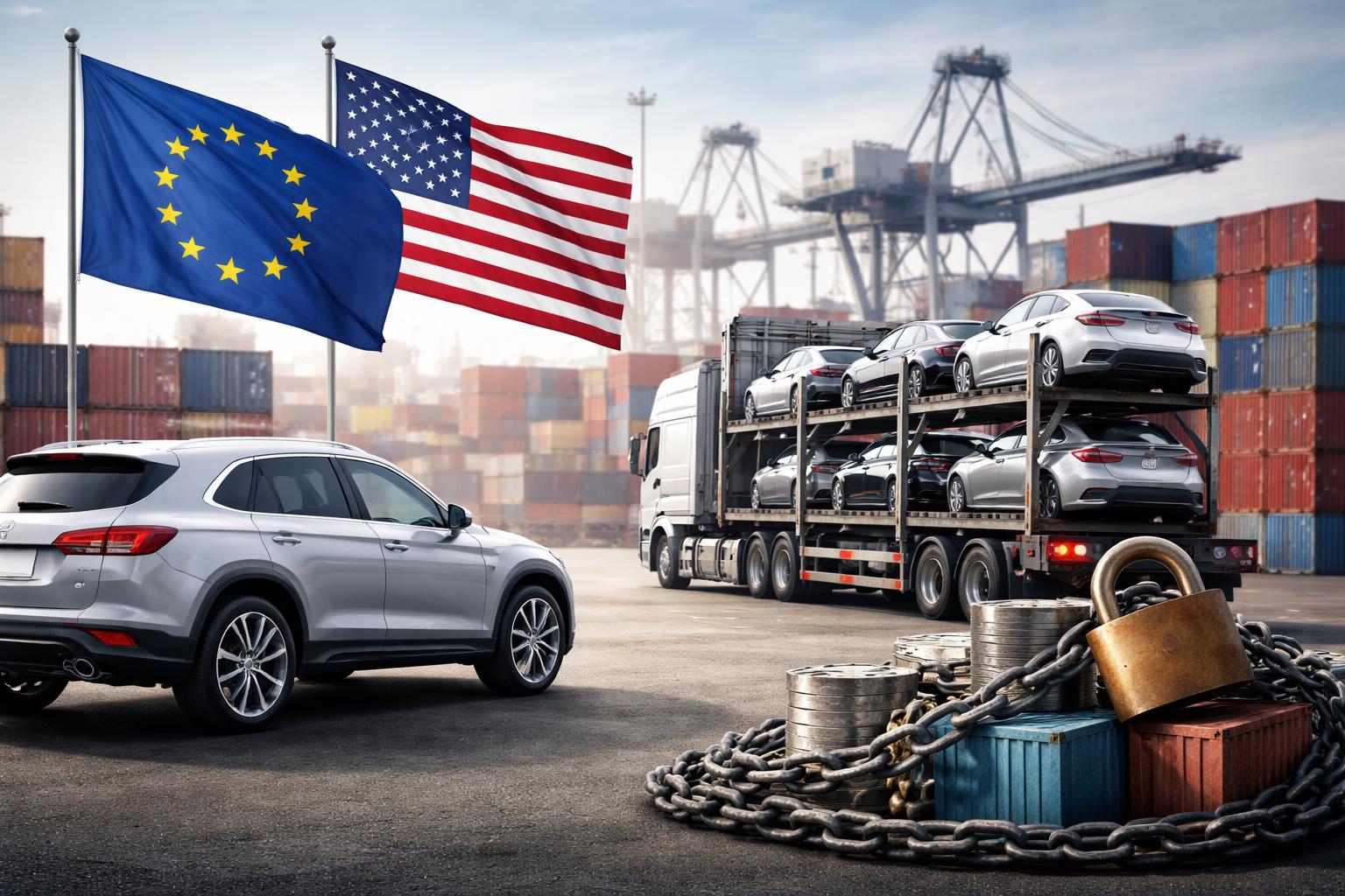 Redaktionelle Szene zum Thema „Trump kündigt 25-Prozent-Zölle auf Autos und Lastwagen aus der EU an“