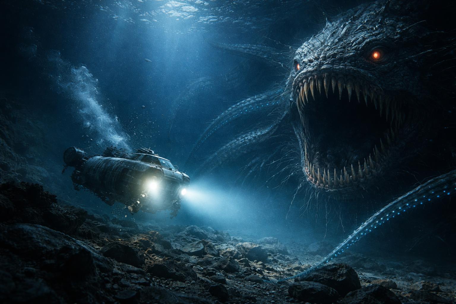 Redaktionelle Szene zum Thema „Überleben in der Tiefe und Monsterchaos im Meer“