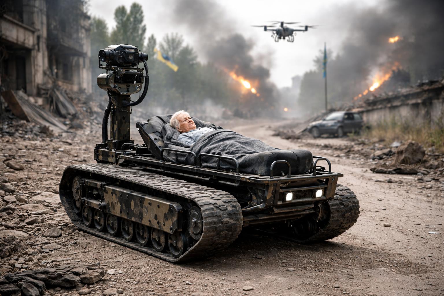 Redaktionelle Szene zum Thema „Ukrainische Armee rettet 77-Jährige mit ferngesteuertem Roboter aus Frontgebiet“