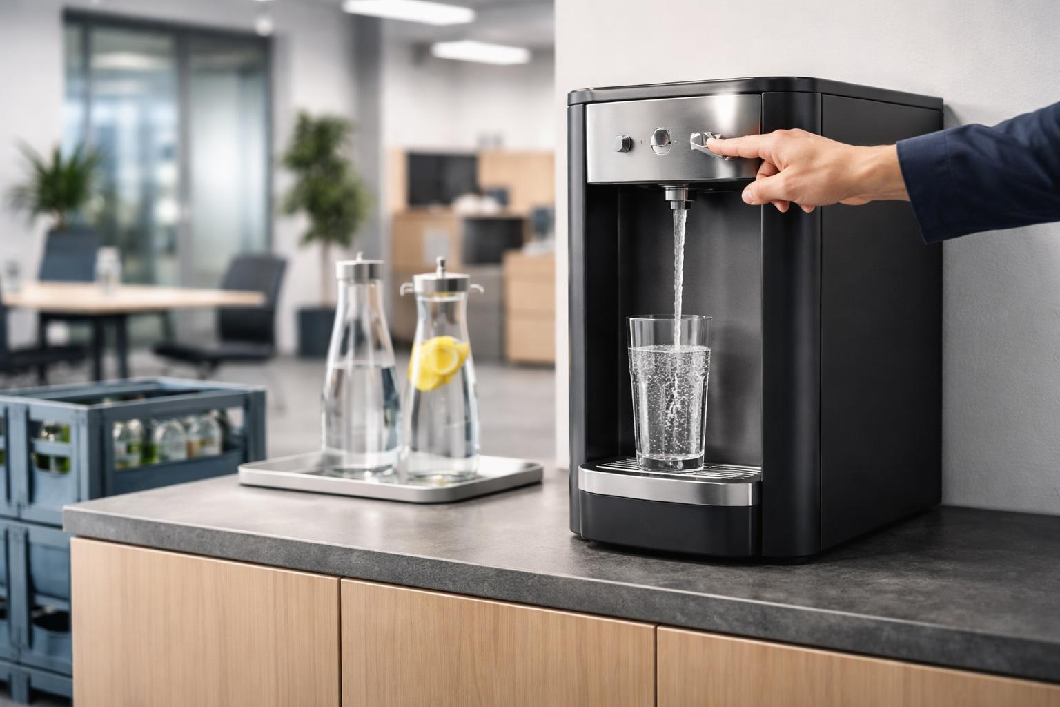 Redaktionelle Szene zum Thema „Wasserspender statt Flaschen: Unternehmen setzen auf Leitungswasser auf Knopfdruck“