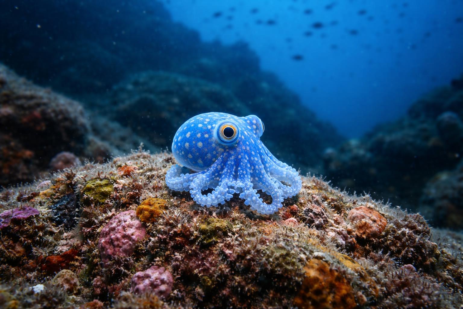 Redaktionelle Szene zum Thema „Winziger blauer Oktopus vor den Galápagos-Inseln als neue Art beschrieben“