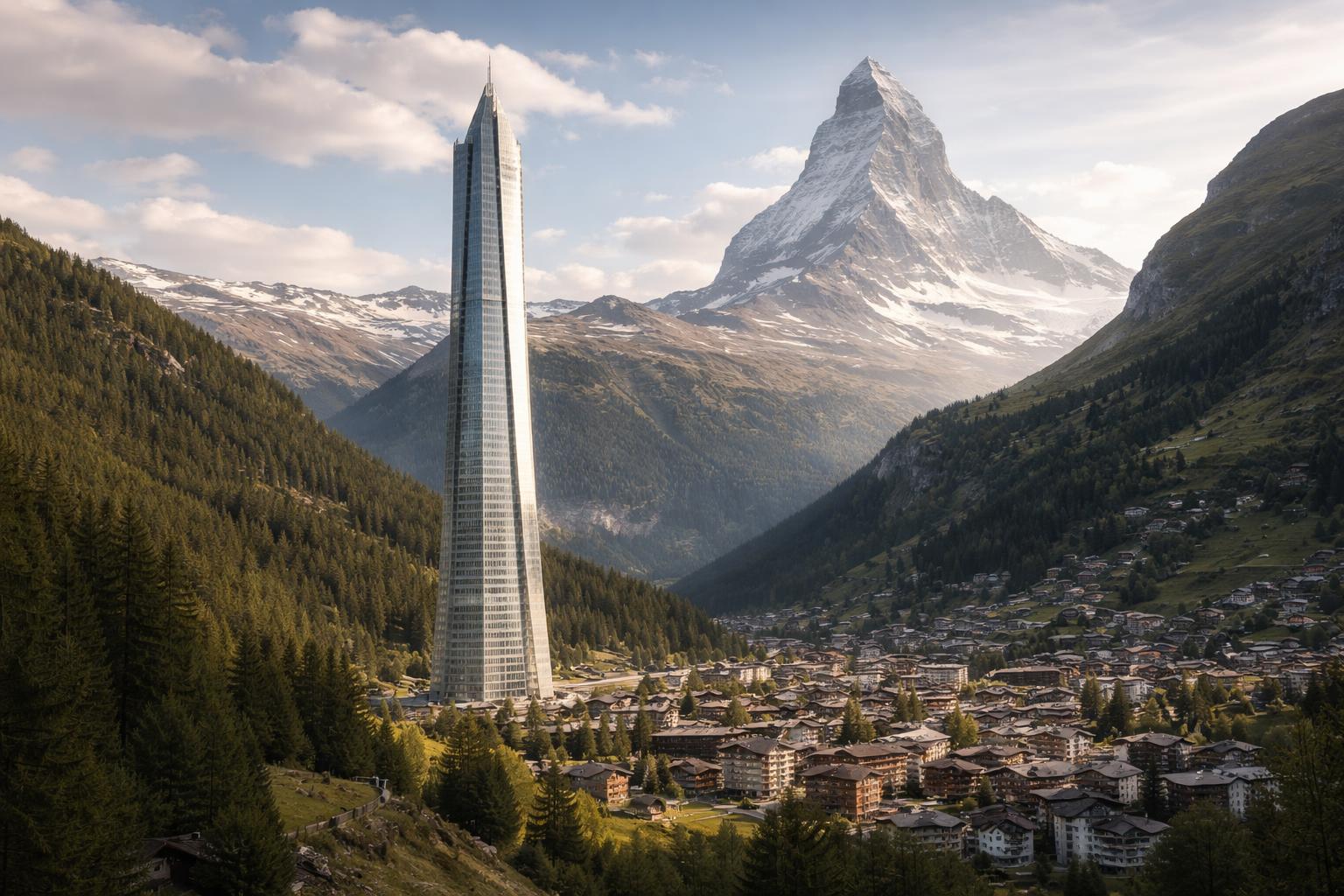 Redaktionelle Szene zum Thema „Zermatter Architekt plant 260-Meter-Turm am Fuß des Matterhorns“